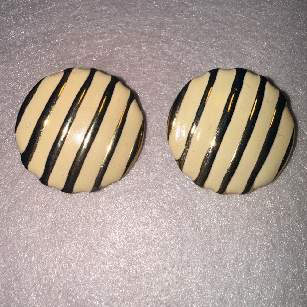 Striped Cream and Gold Button Earrings